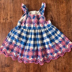 GAP Blue Gingham Bonnet with Pink Floral Lace Trim